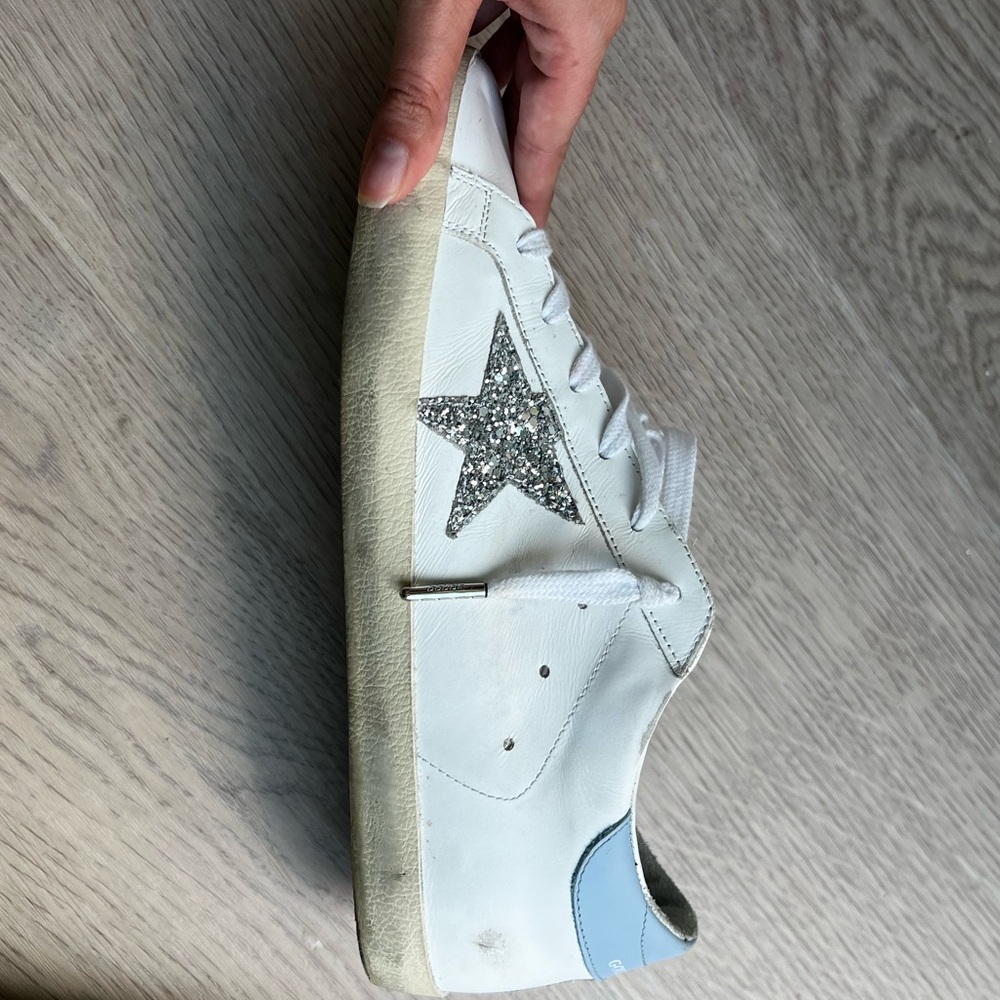 Golden Goose Superstar Distressed Silver Glitter Star with Powder Blue Back